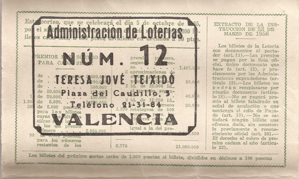 Trasera del décimo de lotería de 1965